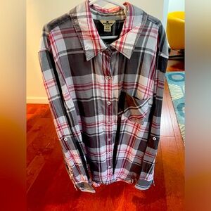WOOLRICH Flannel Womens Medium Gray Plaid Button Down Shirt Check red White